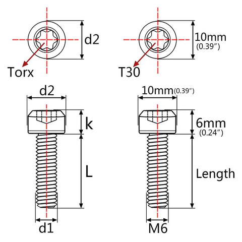 Technical diagram of Titanium Torx Square Head M6x40mm Bolt Set For Bicycle Motorcycle Car Fit with measurements and Torx T30 details.