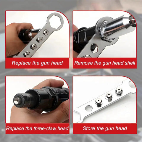 Pro Grade Rivet Gun Adapter Kit For Cordless Drills With Alloy Steel Head And Comfortable Grip showing interchangeable rivet heads