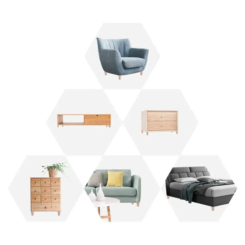 Living room and bedroom furniture with 2 Inch Wooden Unfinished Bun Feet For Furniture Set Of 4 Pre Drilled M8 Bolts, installed.