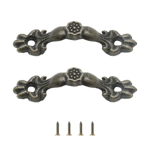Two vintage 1.68 inch bronze finish drawer pulls with zinc alloy, viewed from above, including screws, ideal for dressers or cabinets.