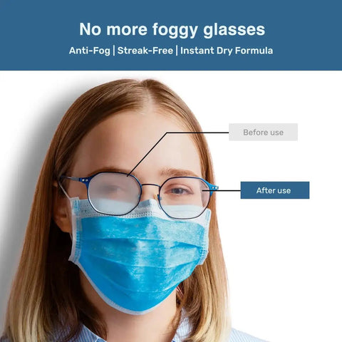 Person wearing blue mask showing effect of Clear Guard Anti Fog Lens Wipes For Glasses And Lenses 100 Pre Moistened before and after use