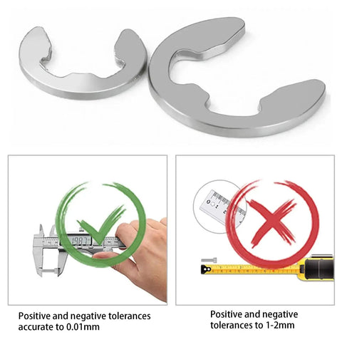 100 Pcs Stainless Steel E Clip Circlip Assorted Set For Internal And External Snap Rings M10 10mm Inner Diameter 1mm Thick Corrosion Resistant 304 Stainless Steel Durable Hardware Replacement shown with tolerance measurement illustration