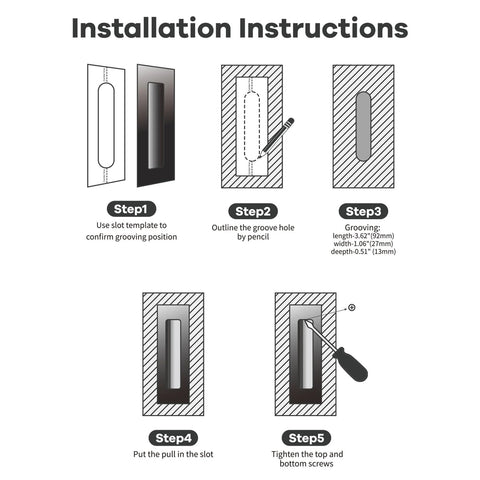 Installation instructions for Matte Black Pocket Door Hardware with Recessed Flush Finger Pull, 5-step process overview.