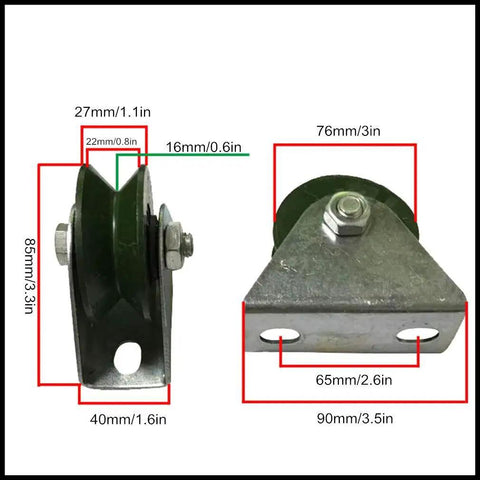 Front and side view of Workhorse Heavy Duty Cast Iron V Groove Caster Wheel With Double Bearings, dimensions labeled for industrial use.