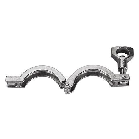 Stainless steel 1.5 inch tri-clamp fitting with dual semicircular clamp halves and tightening knob