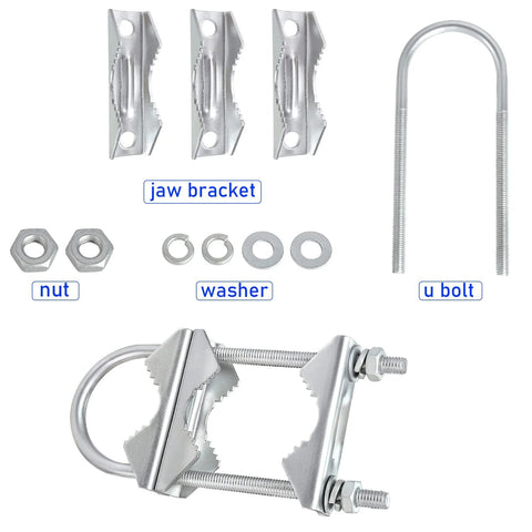 Antenna mast clamp kit; heavy-duty silver metal with four jaw brackets, U-bolt, nuts and washers