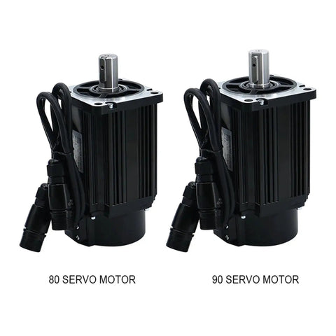 Front view of two servo motors, 80 and 90 size, black ribbed housings with silver output shafts and attached cables.