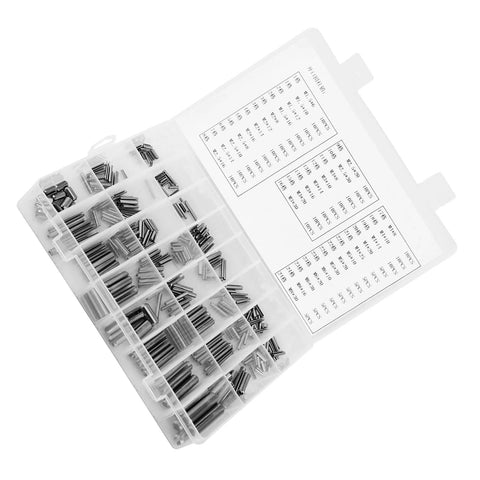 Roll Pin Set In Stainless Steel Assortment With Organized Box, Pro Grade Spring Tension Pins In Sizes M1.5 to M8 visible in box