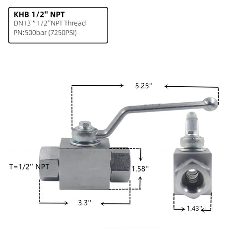 Hydraulic ball valve KHB 1/2 in NPT with lever handle, 2-way shut-off, high-pressure 7250 PSI, Amazon brand