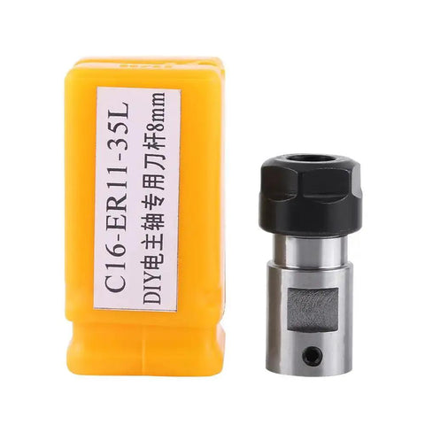 Collet Chuck CNC Spindle Tool Holder Compatible With ER11 Collets beside a yellow case for Milling Drilling Tapping Boring Grinding