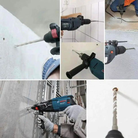 Various views of a Beefy One and Three Quarters Inch by Twenty Two Inch SDS Max Rotary Hammer Drill Bit with U Flute Carbide Tipped Masonry Bit in use