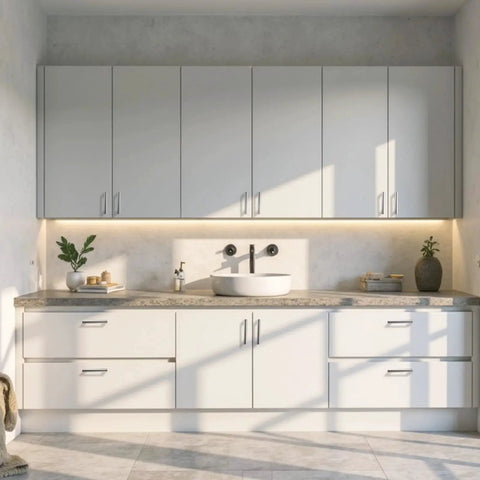Modern kitchen with Brushed Nickel Cabinet Pulls Set of 5, 6.25 Inch Hole Spacing, 14mm Tube Diameter on white cabinets