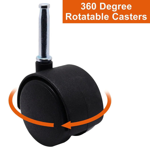 Close-up of 2 inch black nylon swivel caster with M8 grip neck stem for furniture, showcasing 360-degree rotatable design.