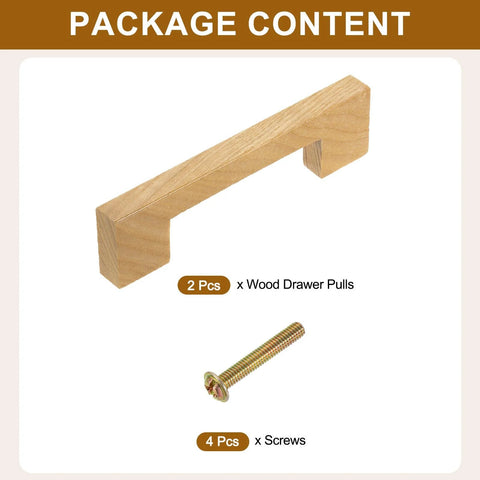 Package contents showing 4 Inch Hole Center Square Wood Drawer Pulls Set Of 2 With Screws Ash Wood Cabinet Handles and screws included