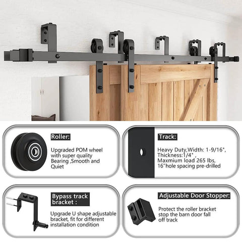 12 Foot Low Ceiling Heavy Duty Beefed Up Sliding Barn Door Hardware Kit With Double Track Bypass For Two Doors Black J Shape Bypass Carbon Steel Construction 120Kg Per Track Capacity Fits Doors Up To 72 Inches Wide And Door Thickness 1 3 Eighths To 1 3 installed on wood door