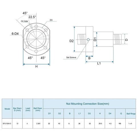 Technical diagram of Ball Screw SFU1204 12mm Diameter Lead 4mm Length 700mm with dimensions for CNC Machine Parts.