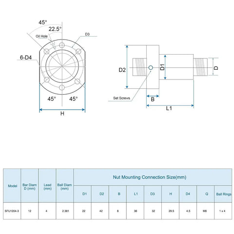 Technical diagram of Ball Screw SFU1204 12mm Diameter 4mm Lead 1200mm Long With Ball Screw Nut Anti Backlash CNC Kit dimensions.