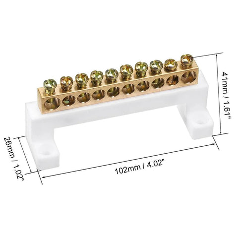 Ten Position Terminal Block Connector Bar In A Single Row With High Bridge Design Solid Copper And Plastic Construction Two Pack Durable And Easy To Install For Electrical Wiring And Barrier Applications, showing full dimensions
