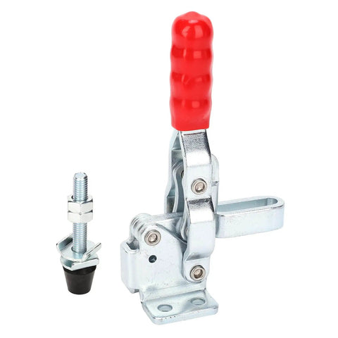 Quick Release Toggle Clamp For Woodworking And Metalworking, Heavy-Duty Hold-Down Tool with red handle and bolt.