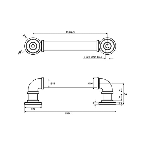 Technical drawing of Industrial Pipe Style Matte Black Cabinet Pull Handle 5 1/32 Inch Center 6 Inch Length with measurements