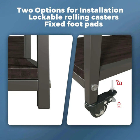 Close-up of lockable rolling casters and foot pads on Beefed Up Heavy Duty 3D Printer Stand With Double Layer Filament Storage Rack