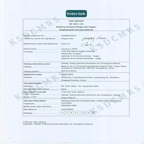 Door hinge test report page with Intertek logo; stainless steel ball bearing hinges and EN 1935 test details.