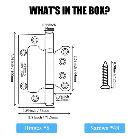 Non-mortise door hinges, 4×3 in stainless steel, silver finish; box contents diagram shows 6 hinges and 48 screws.