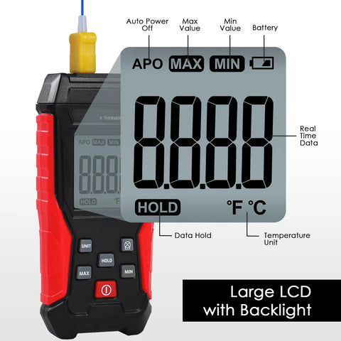 JuviPerpric K-type digital thermometer with blue probe, red/black handheld body, large backlit LCD display