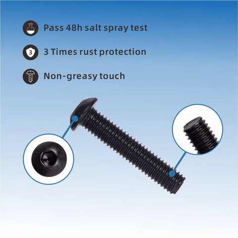 150Pcs M6 Button Head Socket Cap Screws Bolts Nuts Washer Set 10.9 Grade Alloy Steel Black Oxide Fully Threaded close-up view