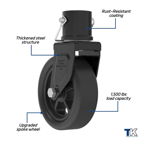 1500 Lb Trailer Jack Swivel Caster Replacement With Upgraded 6 Inch Spoked Wheel And Pin For 2 Inch Diameter Jack Tubes, Black