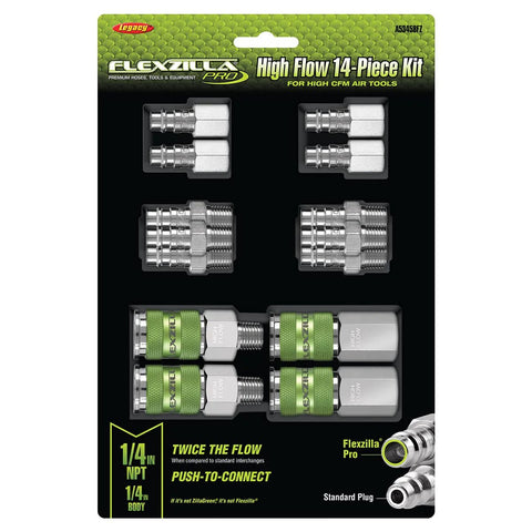 Flexzilla Pro High Flow 14-Piece Kit with 1/4 in NPT fittings, chrome connectors and green-grip couplers