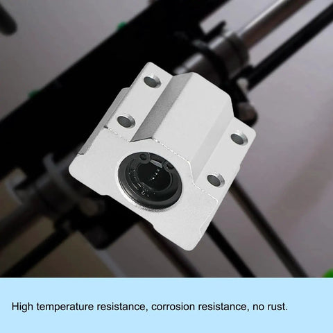 SCS10UU Linear Ball Bearing Aluminum Slide Block 10mm ID for CNC and 3D printer projects, shown on guide rail system.