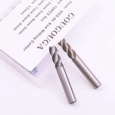 Pro Grade 10 Piece HSS End Mill Set With 4 Flute CNC Straight Bits For Wood Aluminum Steel Copper Iron Built Tough For Precision Milling And Real World Metalworking And Woodworking Projects GOUGOUGA close-up view