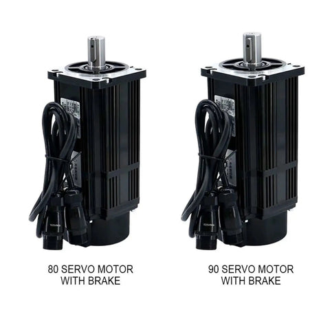 Two black servo motors with brakes, 80 and 90 size, with attached cables.