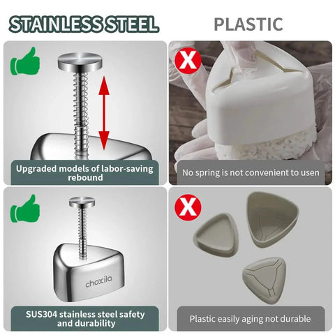 Choxila stainless steel onigiri mold with screw press; triangle rice-ball molds; plastic variant shown