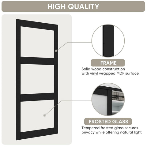 60 By 80 Inch Bypass Sliding Closet Door With Frosted Glass Three Lite Panels, Pre Drilled Solid Wood Slab, Vinyl Wrapped MDF Surface, Waterproof PVC Finish, Includes Hardware Kit And Matching Fascia, Easy Install, Black frame, and frosted glass details highlighted.