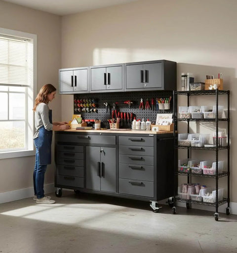 Person using 72 Inch Rolling Tool Chest on Wheels with 11 Drawers, 3 Top Cabinets, 2 Door Cabinet, Pegboard and Power Strip
