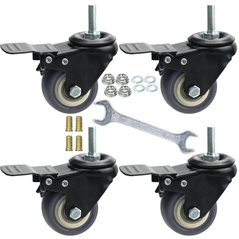 2 Inch Swivel Caster Wheels 4 Pack M8 1.25 Threaded Stem 8mm Durable Rubber With Double Lock For Carpet And Hardwood with wrench