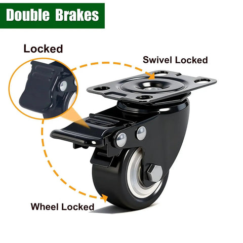 2 Inch Caster Wheels With Brake Heavy Duty Swivel Casters Set Of 4 Total Capacity 600 Lbs Industrial PU Wheels Locking Small Casters For Furniture Trolleys And Workbenches Black Durable Steel Housing, side view illustration showing double brake mechanism.