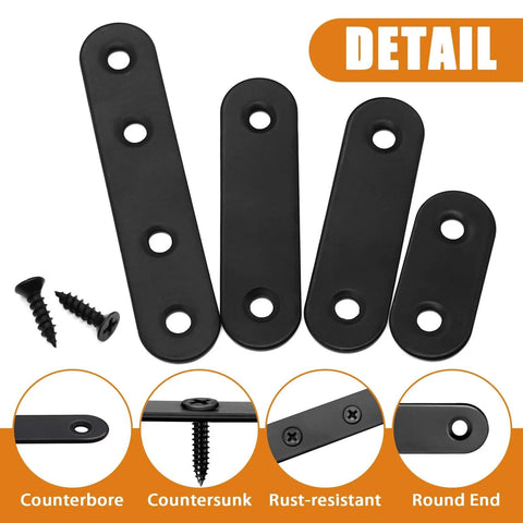 Detail view of 86 Pieces Black Flat Metal Bracket Set Mending Plates Stainless Steel Flat Brace Brackets with screws.