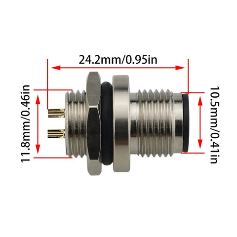 Side view of 2 Pack M12 4 Pin Male Aviation Panel Mount Connector Waterproof Back Mount Socket with nickel-plated threads, 24.2mm length