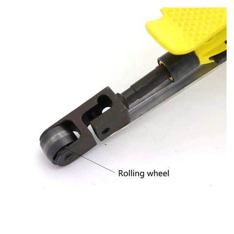 Close-up of rolling wheel on Air Belt Sander Polisher Kit With 20x520mm Belt, Pneumatic DIY Sanding Belt Attachment For Grinders