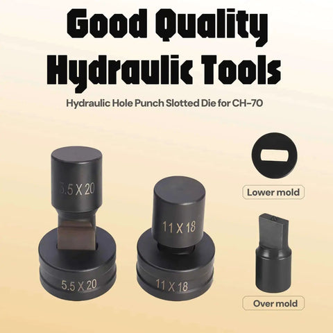 Oval Slotted Die For CH-70 Hydraulic Press Replacement Hole Punch Die For Heavy Duty Punching Machine displayed with size labels.