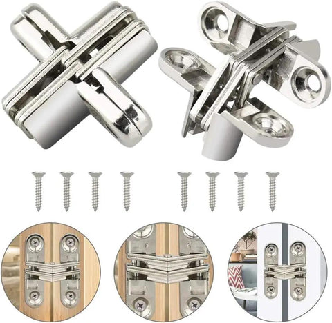 Two Pack Concealed Hidden Hinges For Cabinets And Furniture, 180 Degree Cross Hinge, Zinc Alloy With Stainless Steel, 13x45 Mm
