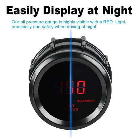 2 Inch Oil Pressure Gauge 0 to 150 PSI DC 12V Gauge Kit with red LED backlight displayed at night for easy reading by WATERWICH