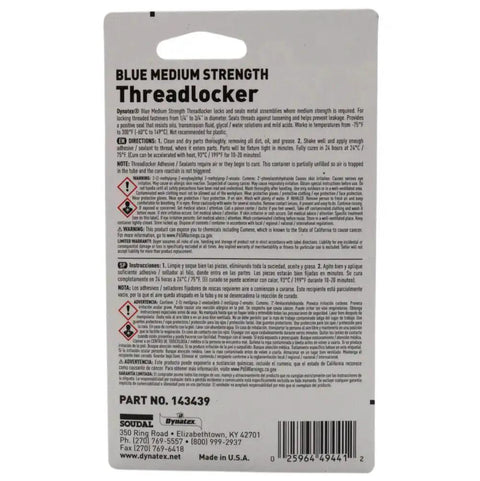 Back view of packaging for Blue Medium Strength Threadlocker 6ml Tube For Bolts And Fasteners Prevents Loosening From Vibration And Locks Tight Rust And Corrosion Protection For Cup Plugs Starter Mounts Oil Pan Valve Cover Bolts.