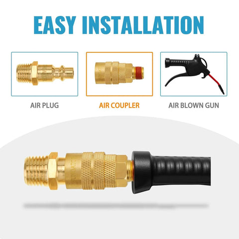 Quarter Inch NPT Male Air Hose Quick Connect Fittings 2 Pack Brass Industrial Couplers With 6 Ball Bearings connected to air hose