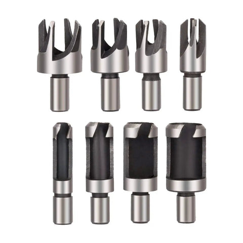Eight piece wood plug cutter bits from All In One Woodworking Chamfer Drill Bit Set Featuring Rocaris 23 Piece Kit With Quarter Inch Hex Shank