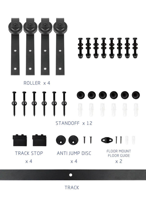 Double Gate Sliding Barn Door Hardware Kit With 15 Foot Track And 12 Inch Door Handles, Easy To Install, Heavy Duty Carbon Steel components laid out