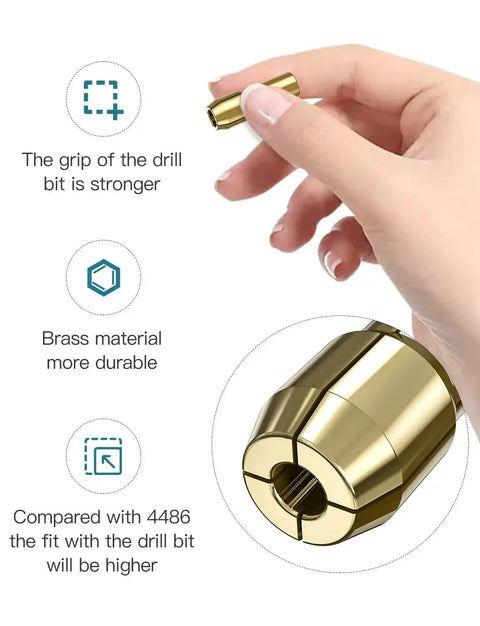 Hand holding a brass collet from Built Tough Brass Collet Set For Rotary Tools, 10 Piece Quick Change Nut Kit For 4485 Style
